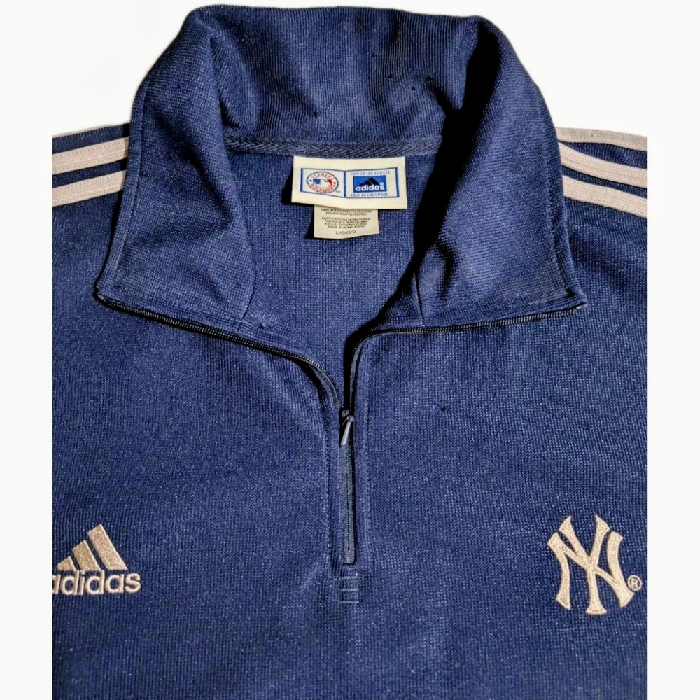 Adidas New York Yankees Quarter Zip Polo Shirt Men’s L Blue MLB Silver Stripes - Picture 7 of 8